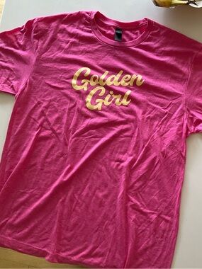 NWOT Gildan Hot Pink Tee with Gold "Golden Girl" Script
